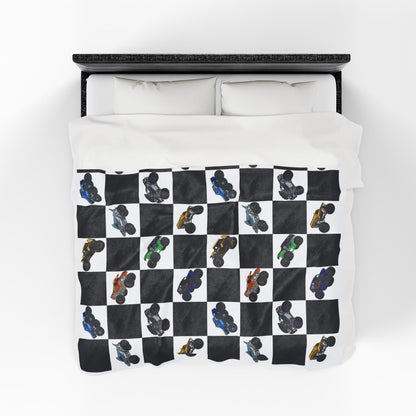 Monster Truck Checkered Velveteen Plush Blanket — Kids Racing Throw