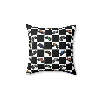 Race Car Checkered Pillow — Black & White Grid with Colorful Monster Trucks