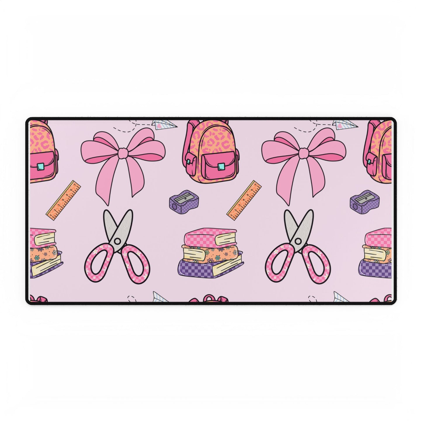 Pink School Supplies Desk Mat — Cute Scissors, Bows & Backpack Mouse Pad
