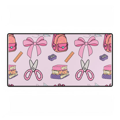 Pink School Supplies Desk Mat — Cute Scissors, Bows & Backpack Mouse Pad