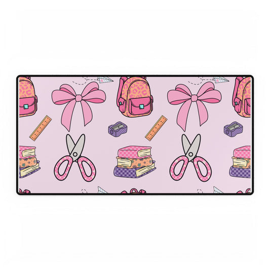 Pink School Supplies Desk Mat — Cute Scissors, Bows & Backpack Mouse Pad