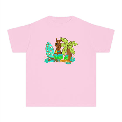 Youth Surf Llama Tee — Tropical Palm & Surfboard Kids Shirt
