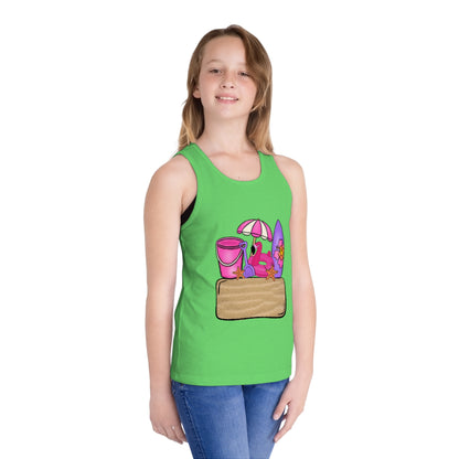 Kids Summer Beach Tank Top — Pink Crab, Surfboard & Sand Pail Graphic
