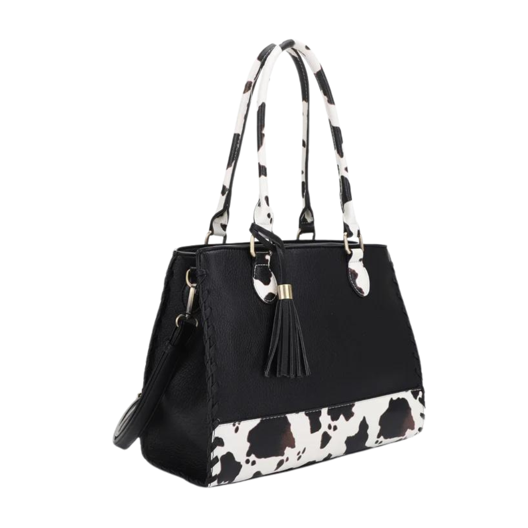 JessieJames Handbags  Montana Concealed Carry Lock and Key Whipstitch Cow Print Satchel Bag with Tassel - Tactical Guardian