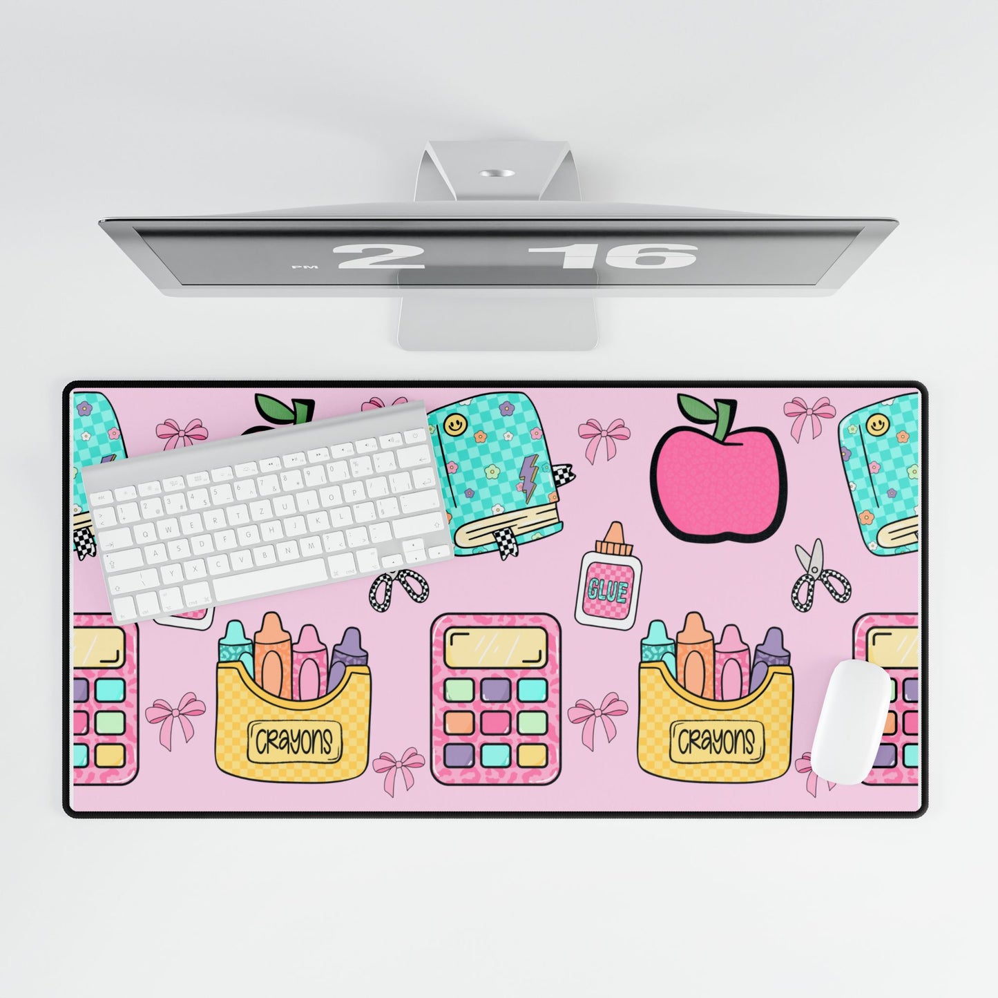Cute School Supplies Desk Mat — Pink Apples, Crayons & Back-to-School Pattern