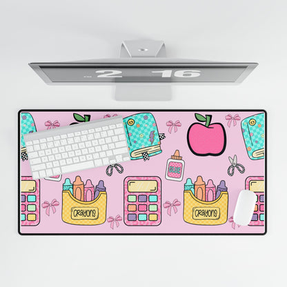 Cute School Supplies Desk Mat — Pink Apples, Crayons & Back-to-School Pattern