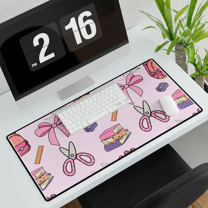 Pink School Supplies Desk Mat — Cute Scissors, Bows & Backpack Mouse Pad