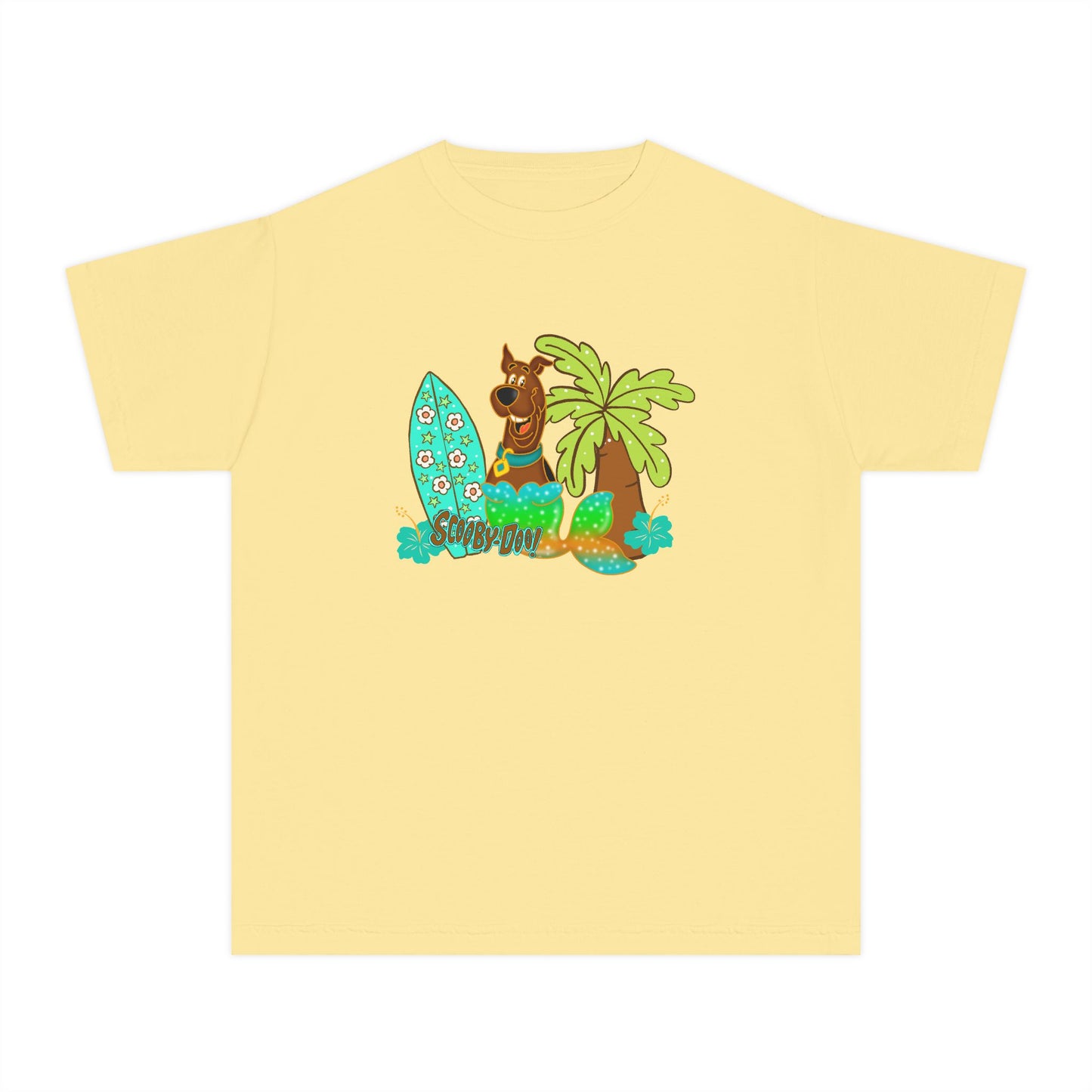 Youth Surf Llama Tee — Tropical Palm & Surfboard Kids Shirt