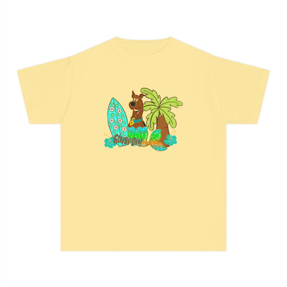 Youth Surf Llama Tee — Tropical Palm & Surfboard Kids Shirt