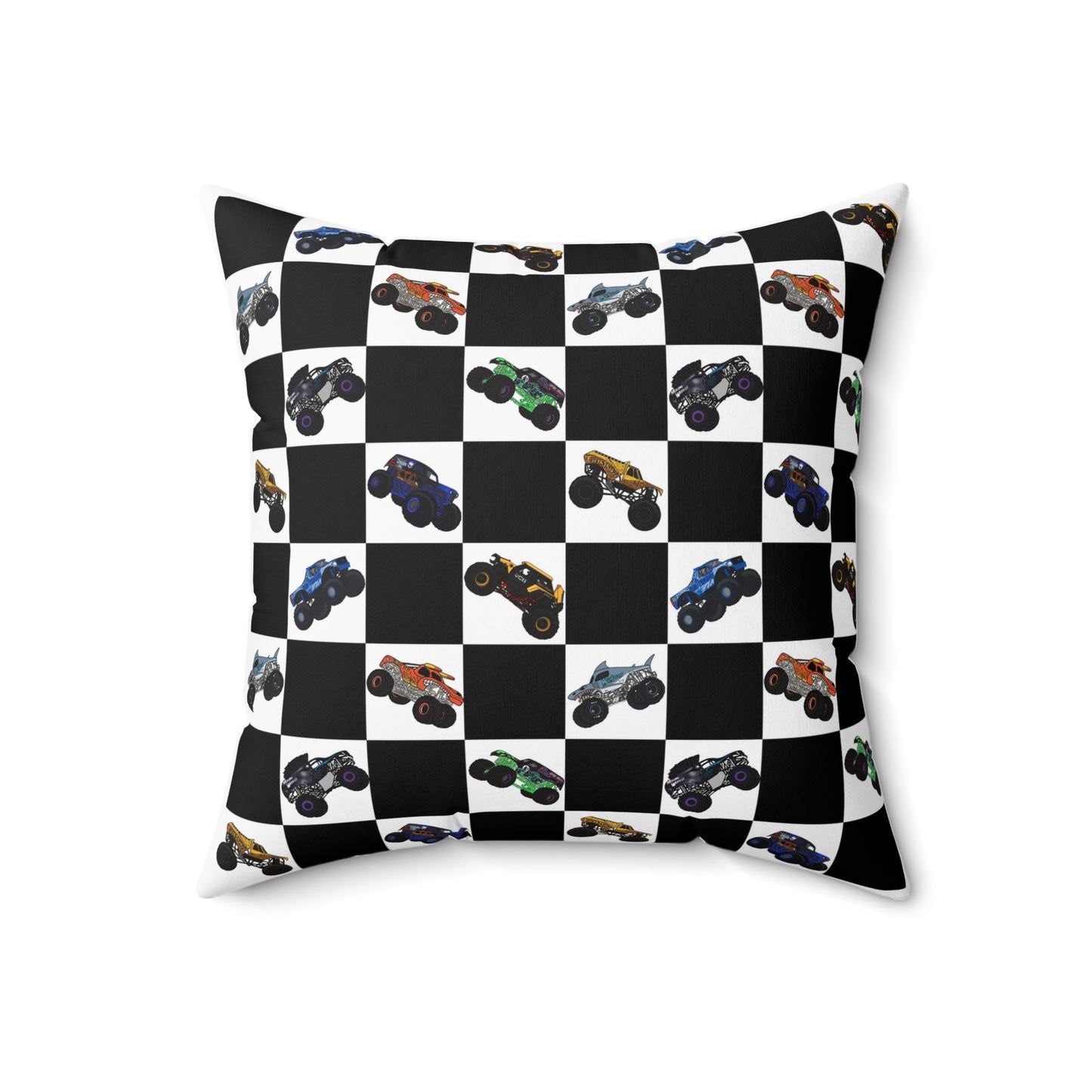 Race Car Checkered Pillow — Black & White Grid with Colorful Monster Trucks