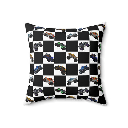 Race Car Checkered Pillow — Black & White Grid with Colorful Monster Trucks