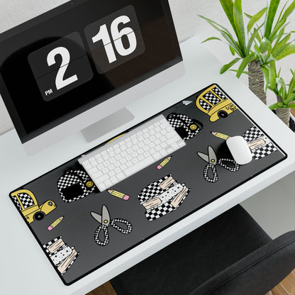 Checkerboard Sewing Desk Mat — Yellow Cab, Scissors & Stacked Fabric Desk Pad