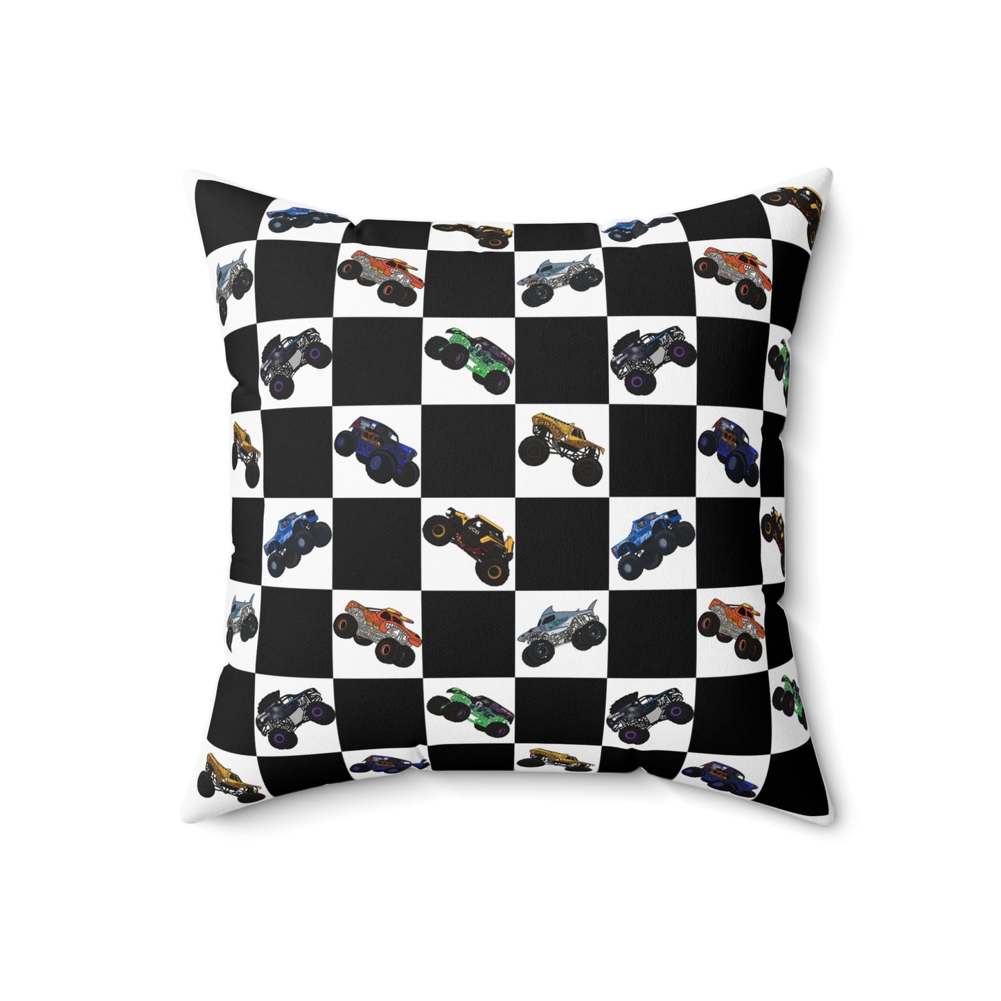 Race Car Checkered Pillow — Black & White Grid with Colorful Monster Trucks