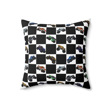 Race Car Checkered Pillow — Black & White Grid with Colorful Monster Trucks