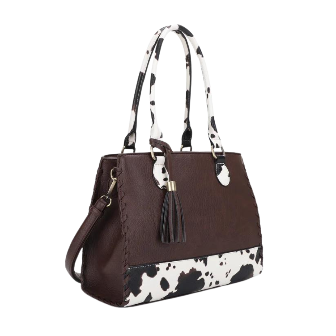 JessieJames Handbags  Montana Concealed Carry Lock and Key Whipstitch Cow Print Satchel Bag with Tassel - Tactical Guardian