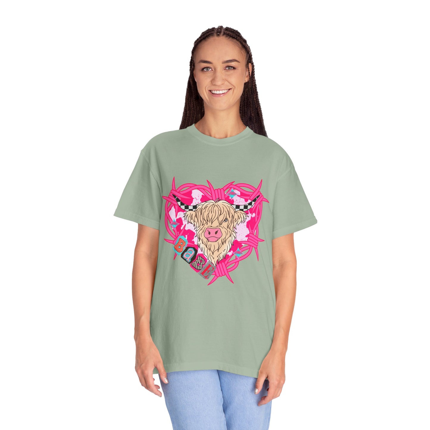 Highland Cow Heart T-Shirt — Cute Pink Scottish Cow Graphic Tee