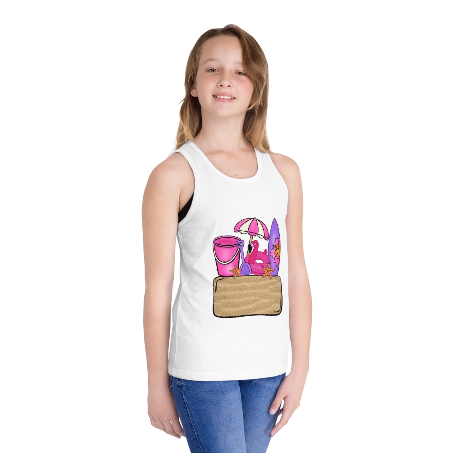 Kids Summer Beach Tank Top — Pink Crab, Surfboard & Sand Pail Graphic