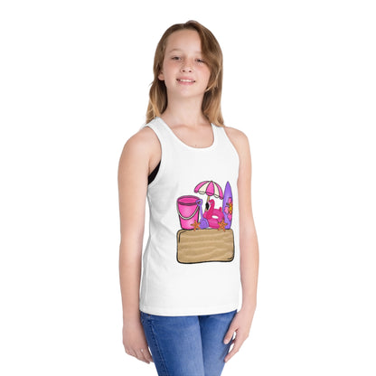 Kids Summer Beach Tank Top — Pink Crab, Surfboard & Sand Pail Graphic