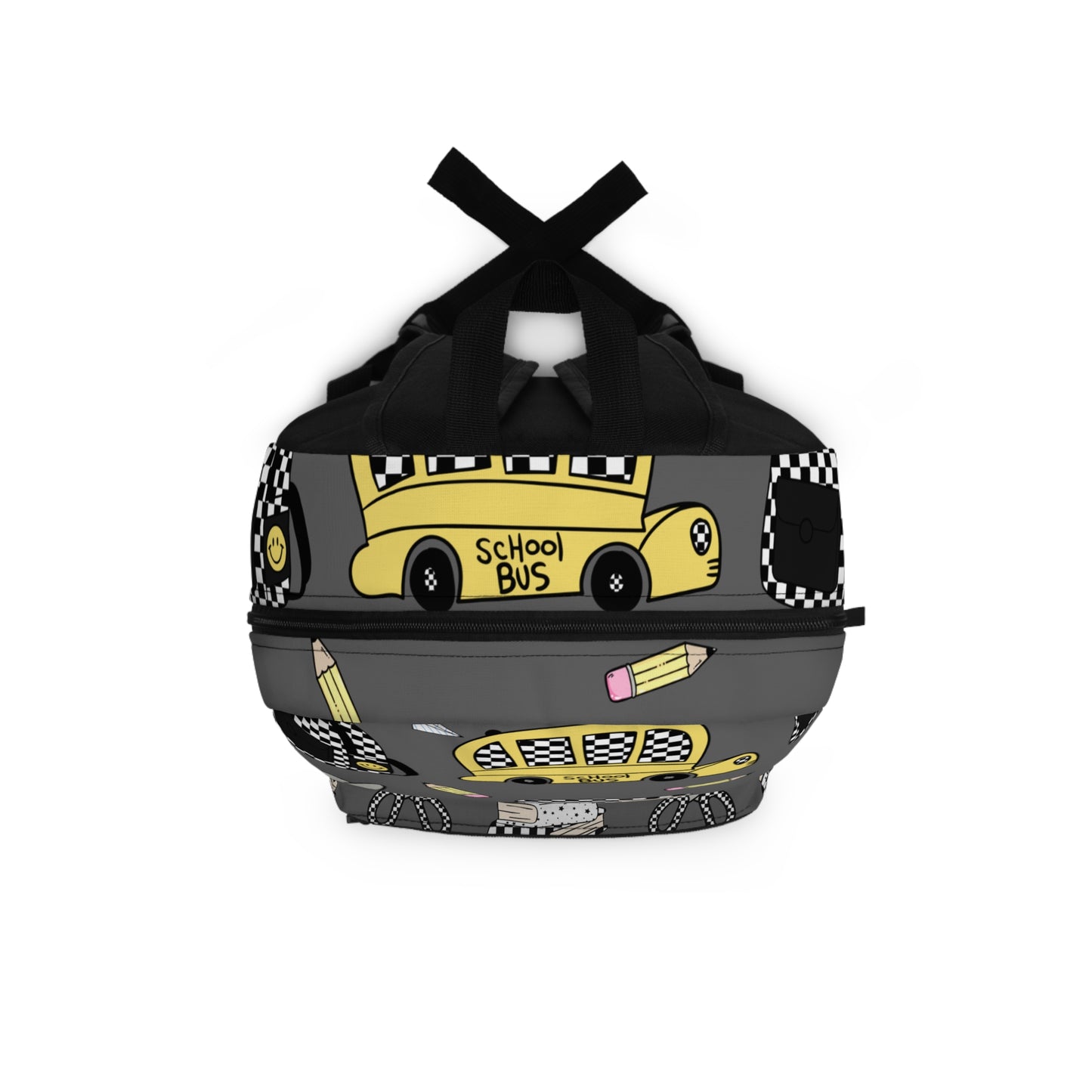 School Bus Pattern Backpack — Grey Kids Backpack with Checkerboard Taxi, Scissors & Pencil Design