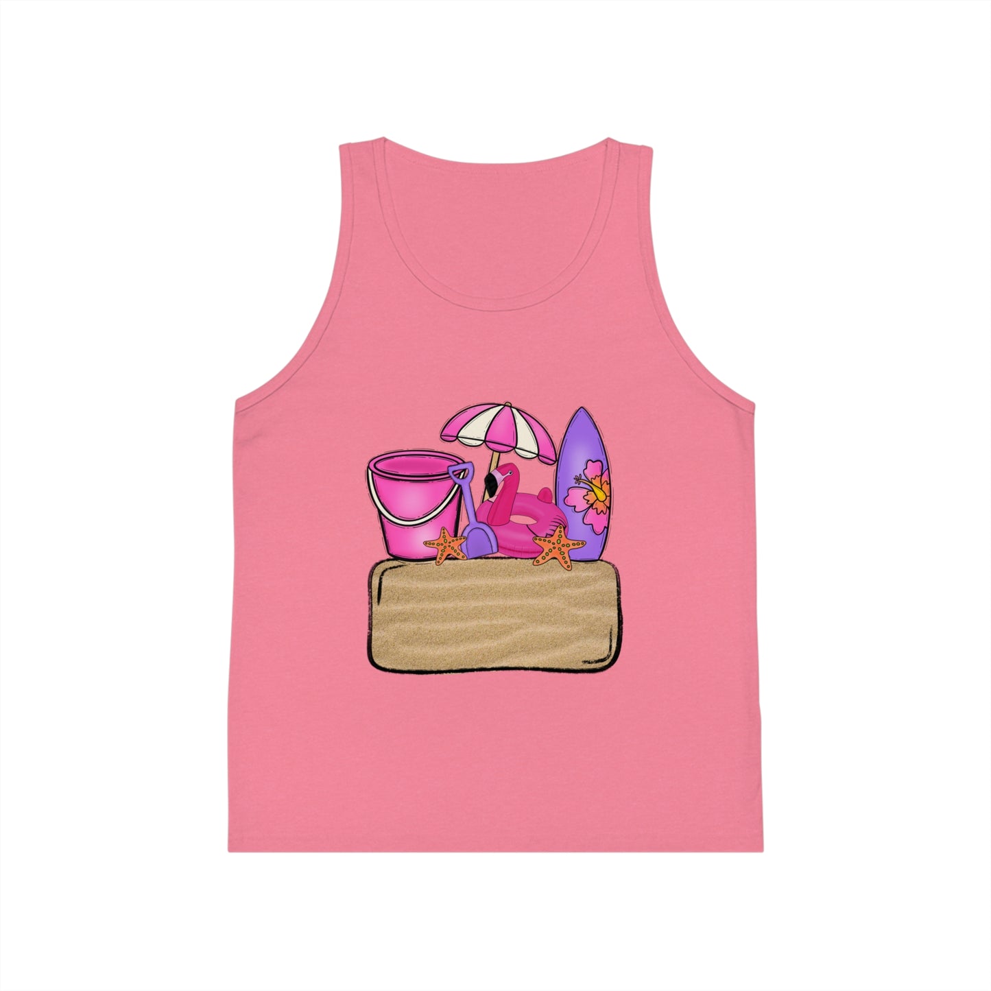 Kids Summer Beach Tank Top — Pink Crab, Surfboard & Sand Pail Graphic