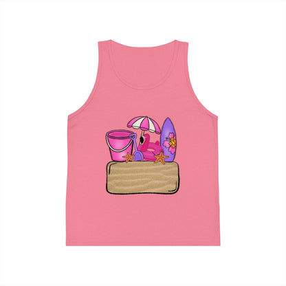 Kids Summer Beach Tank Top — Pink Crab, Surfboard & Sand Pail Graphic
