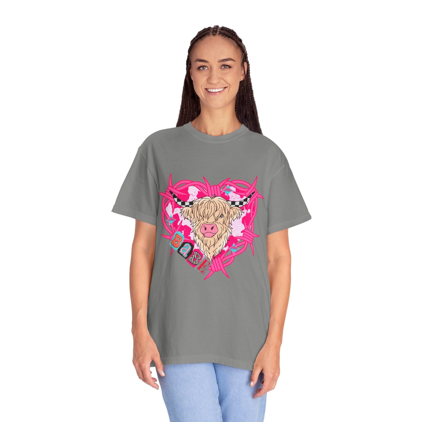 Highland Cow Heart T-Shirt — Cute Pink Scottish Cow Graphic Tee