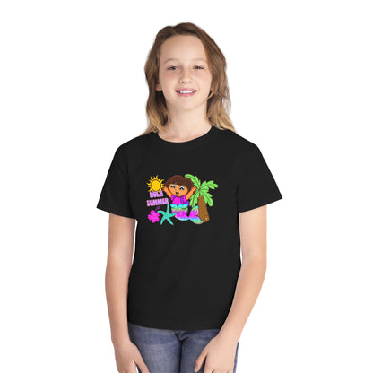Tropical Kids Tee — "Hello Summer" Palm Tree Surf Girl Youth T-Shirt