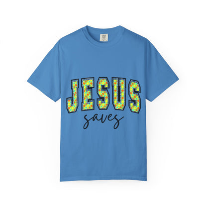 Jesus Saves T‑Shirt — Floral Mosaic Faith Tee for Christians