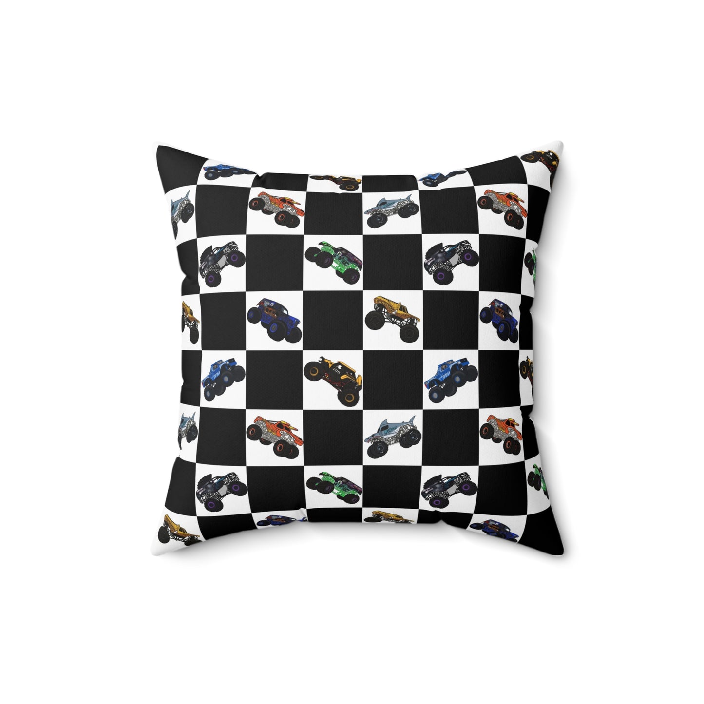 Race Car Checkered Pillow — Black & White Grid with Colorful Monster Trucks