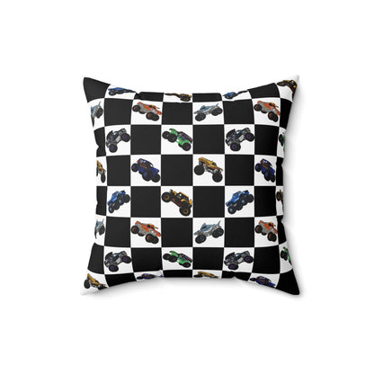 Race Car Checkered Pillow — Black & White Grid with Colorful Monster Trucks