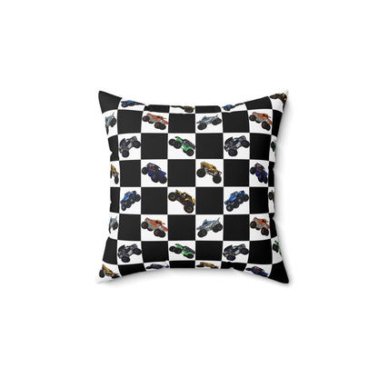 Race Car Checkered Pillow — Black & White Grid with Colorful Monster Trucks