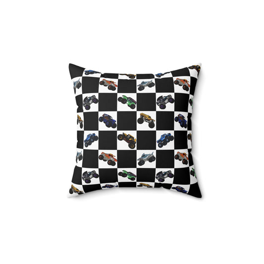 Race Car Checkered Pillow — Black & White Grid with Colorful Monster Trucks