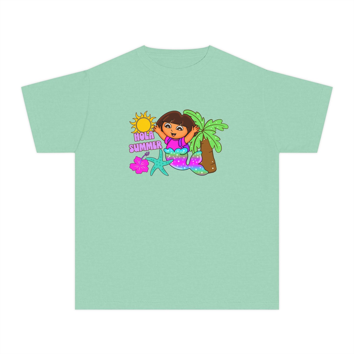 Tropical Kids Tee — "Hello Summer" Palm Tree Surf Girl Youth T-Shirt