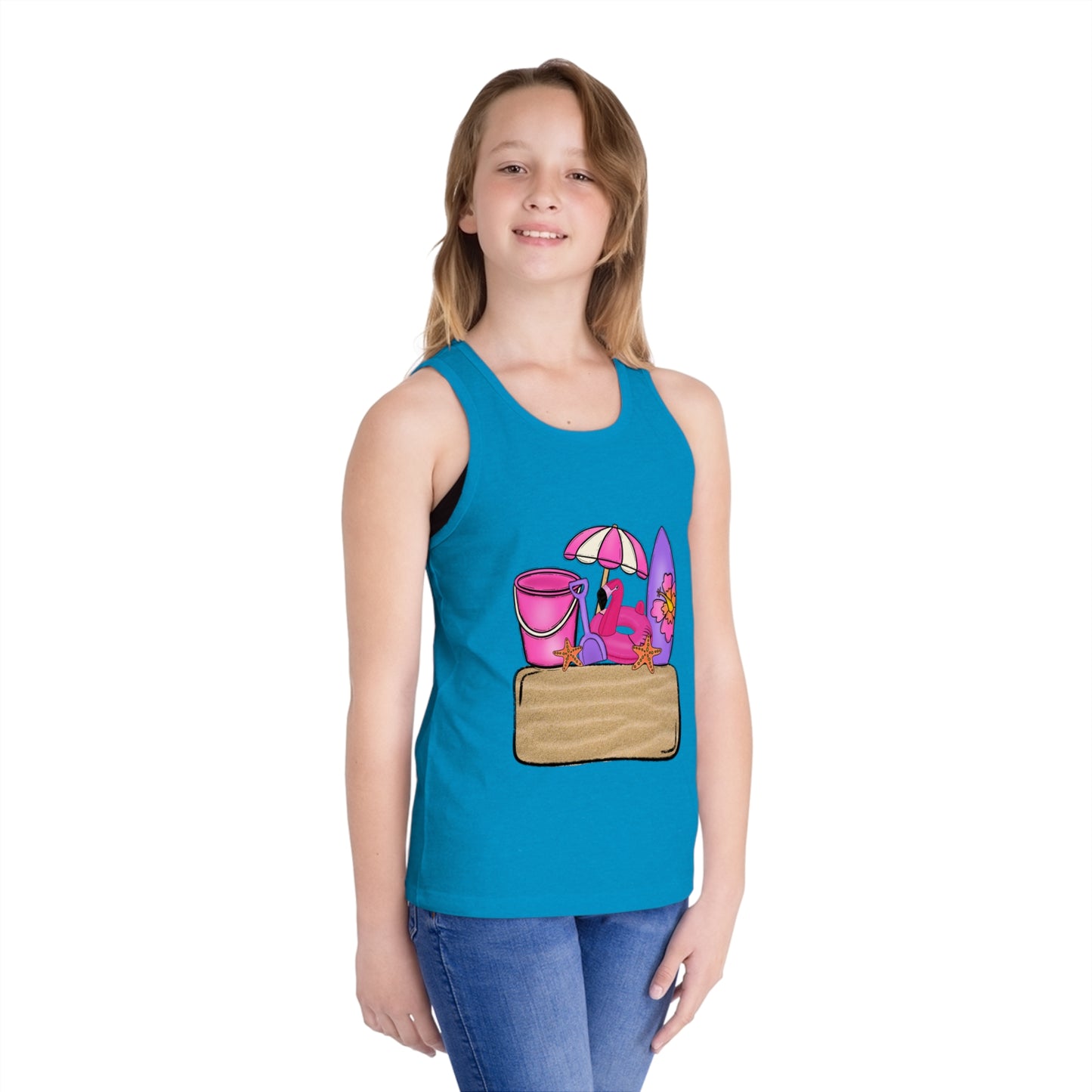 Kids Summer Beach Tank Top — Pink Crab, Surfboard & Sand Pail Graphic