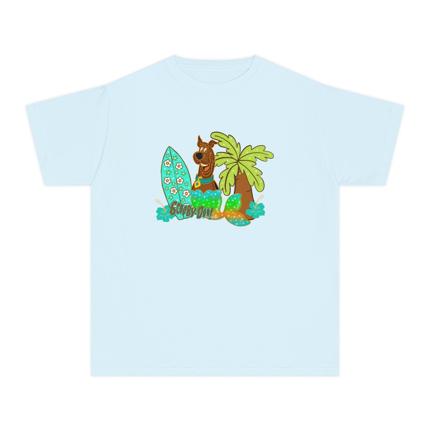 Youth Surf Llama Tee — Tropical Palm & Surfboard Kids Shirt