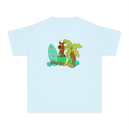 Youth Surf Llama Tee — Tropical Palm & Surfboard Kids Shirt