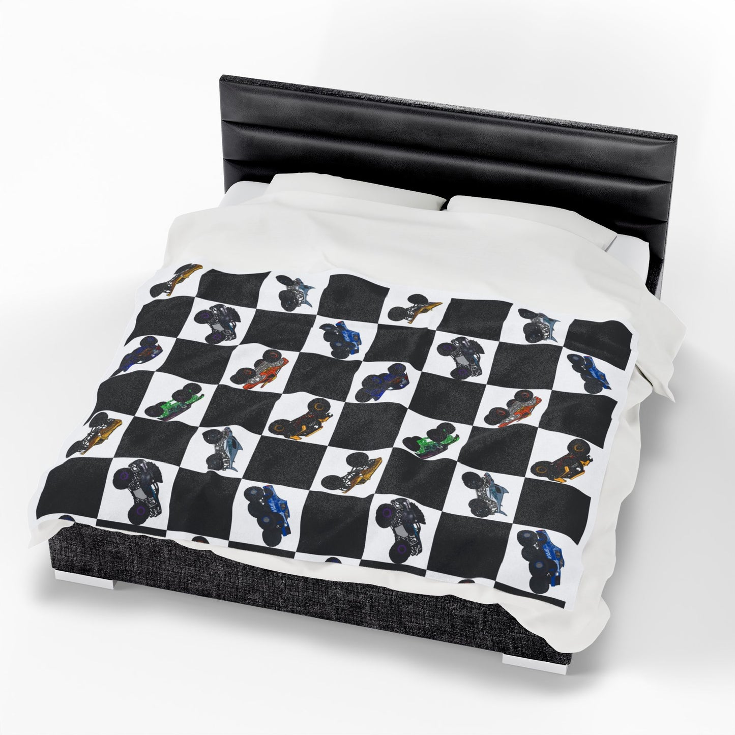Monster Truck Checkered Velveteen Plush Blanket — Kids Racing Throw