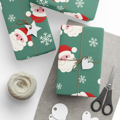 Christmas Santa Pattern Wrapping Paper — Festive Green Santa & Snowflake Gift Wrap