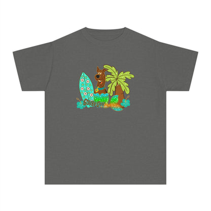 Youth Surf Llama Tee — Tropical Palm & Surfboard Kids Shirt