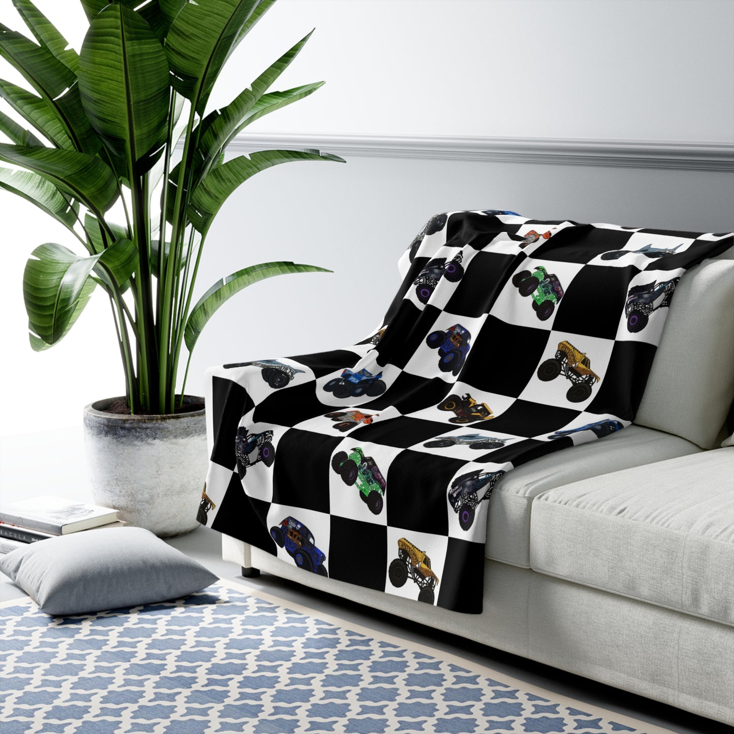 Sherpa Blanket — Checkered Monster Truck Throw for Kids & Fans