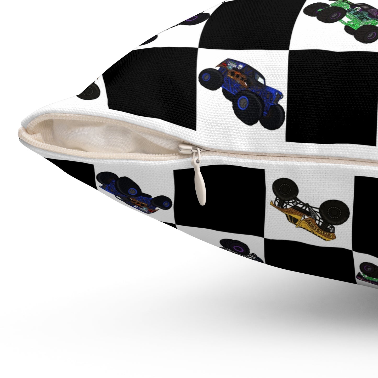 Race Car Checkered Pillow — Black & White Grid with Colorful Monster Trucks