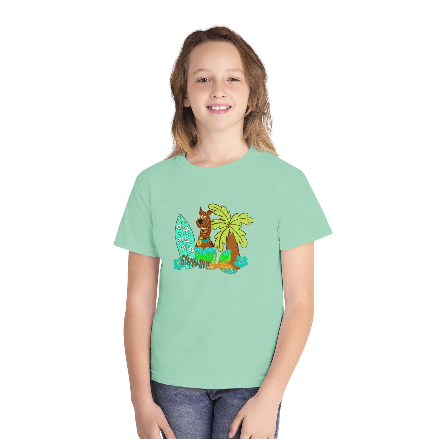 Youth Surf Llama Tee — Tropical Palm & Surfboard Kids Shirt
