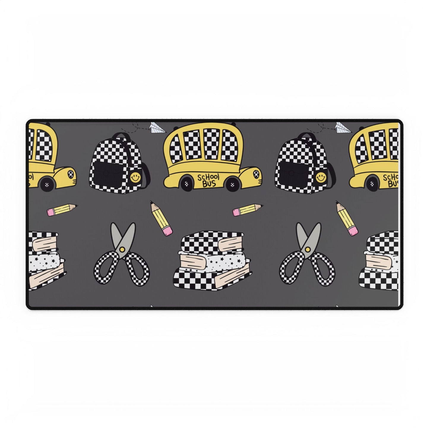 Checkerboard Sewing Desk Mat — Yellow Cab, Scissors & Stacked Fabric Desk Pad