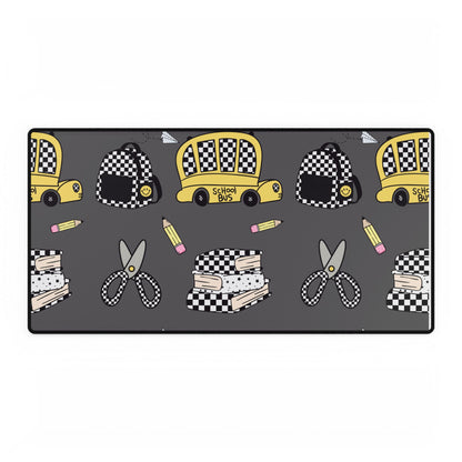 Checkerboard Sewing Desk Mat — Yellow Cab, Scissors & Stacked Fabric Desk Pad