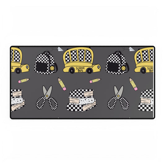 Checkerboard Sewing Desk Mat — Yellow Cab, Scissors & Stacked Fabric Desk Pad