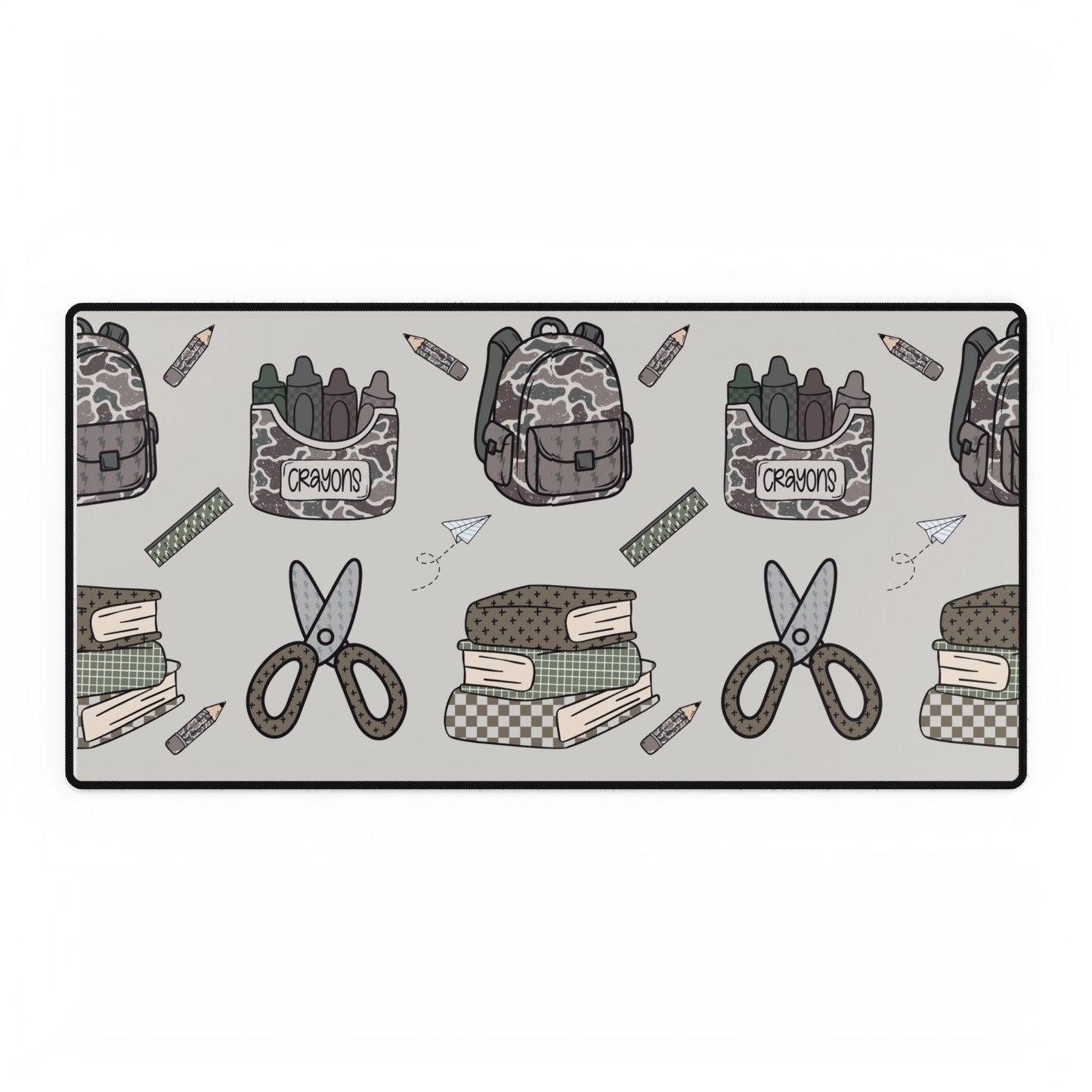 School Supplies Pattern Desk Mat – Back to School Desk Pad with Scissors, Books & Crayons