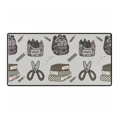 School Supplies Pattern Desk Mat – Back to School Desk Pad with Scissors, Books & Crayons