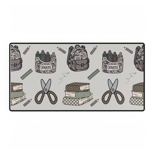 School Supplies Pattern Desk Mat – Back to School Desk Pad with Scissors, Books & Crayons