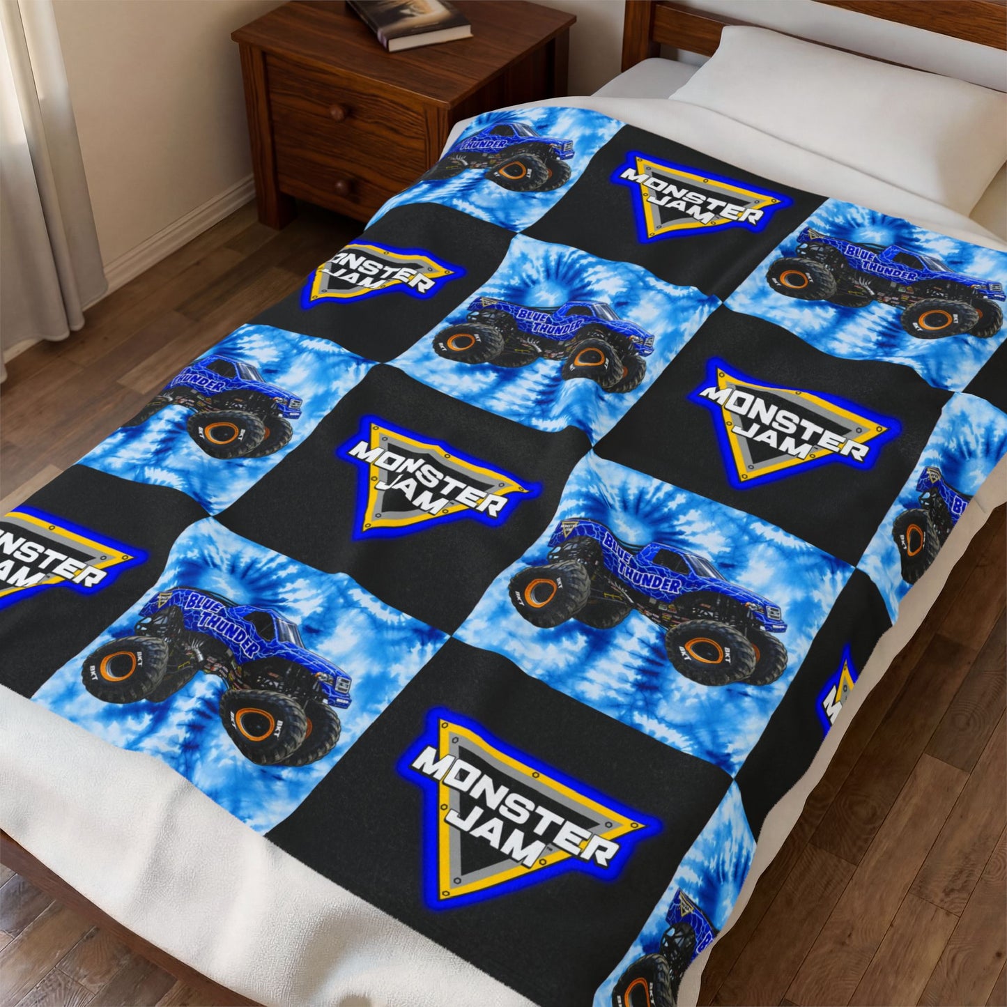 Monster Jam Velveteen Plush Blanket — Blue Tie-Dye Truck Logo Throw