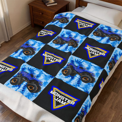 Monster Jam Velveteen Plush Blanket — Blue Tie-Dye Truck Logo Throw
